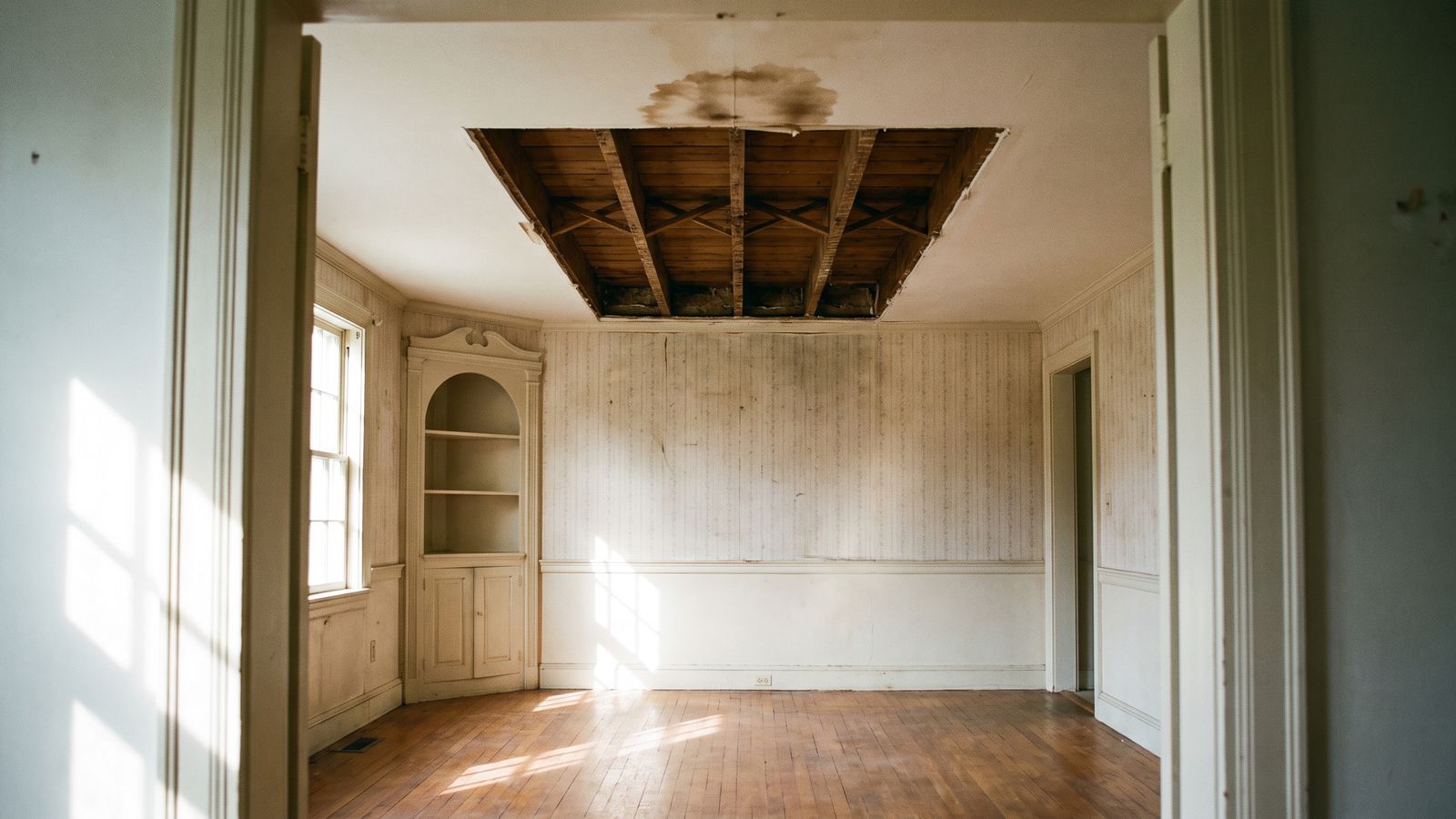 Inspection cut opened below a water stain on ceiling drywall, exposing the joists, cross-bridging and plank subfloor above