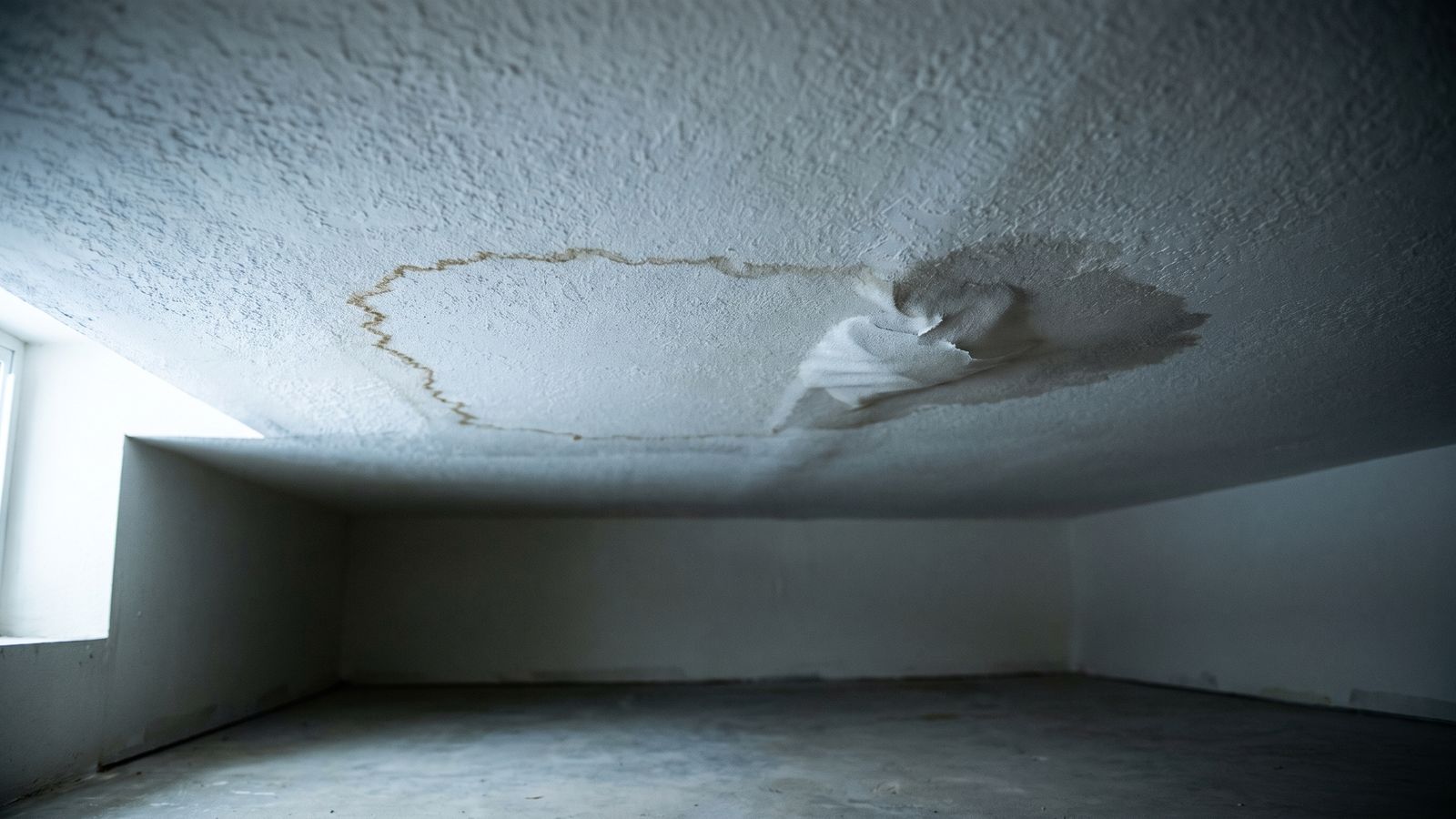Water stain on ceiling with a sharp mineral outline on one side and torn peeling paint on the other
