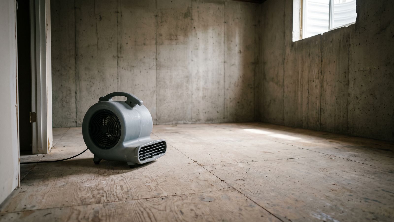 Centrifugal air mover on a bare plywood subfloor, the drying stage after water under laminate flooring
