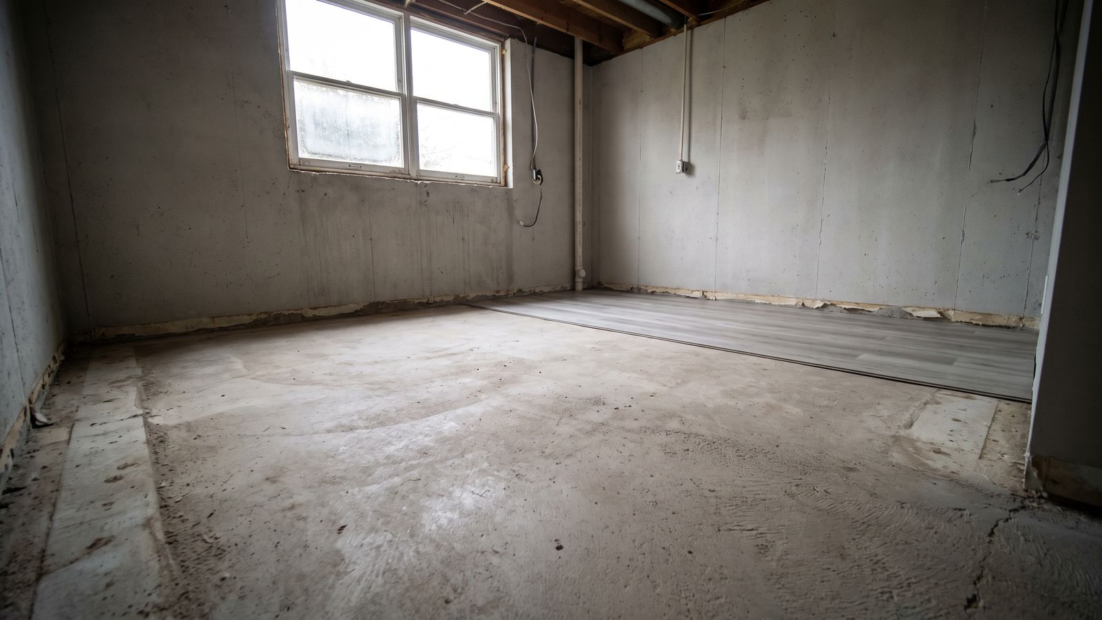 Bare concrete slab with a new run of plank flooring started at the wall after water under laminate flooring