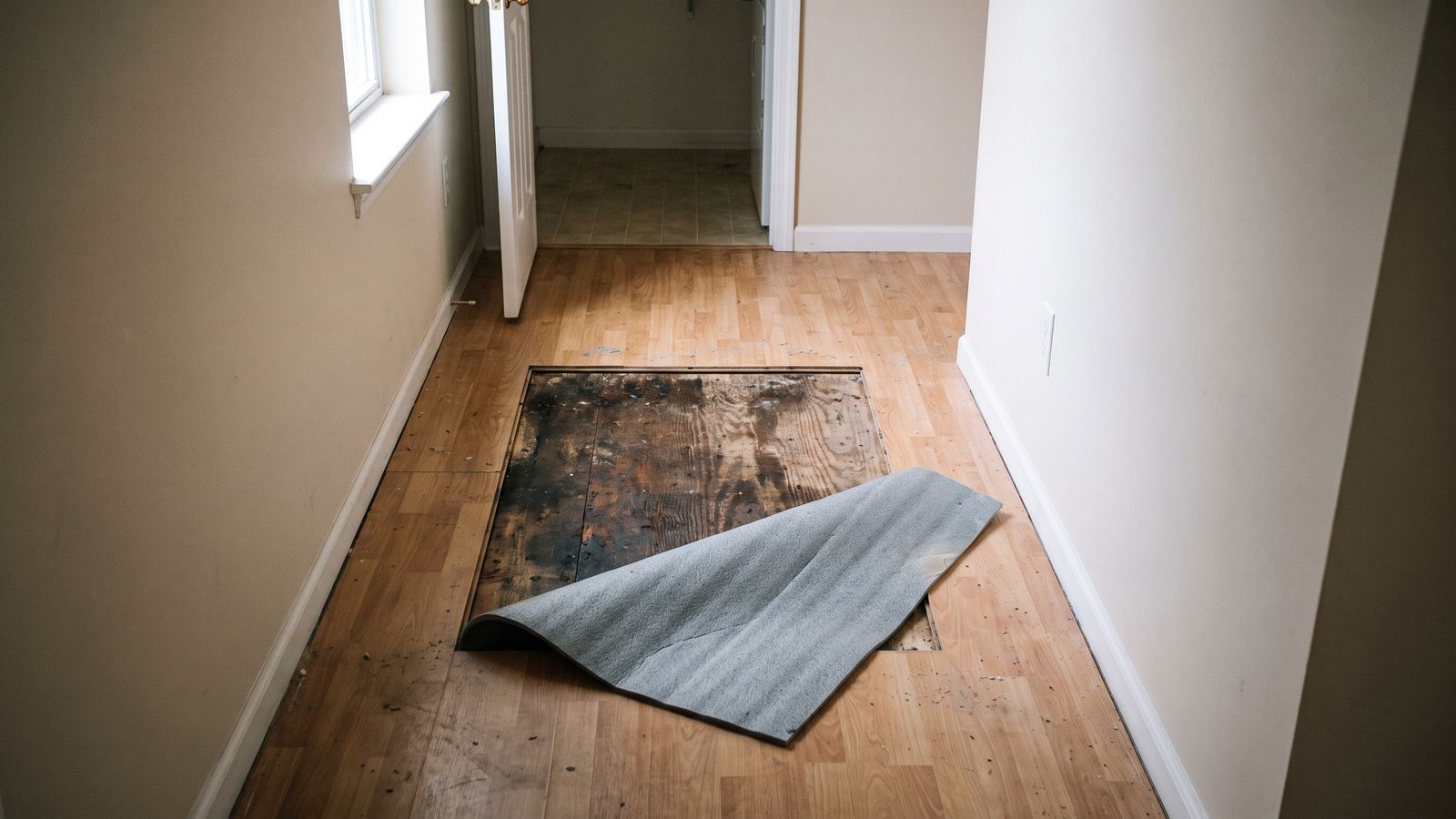 Lifted laminate planks and folded-back underlayment over the stained subfloor left by water under laminate flooring