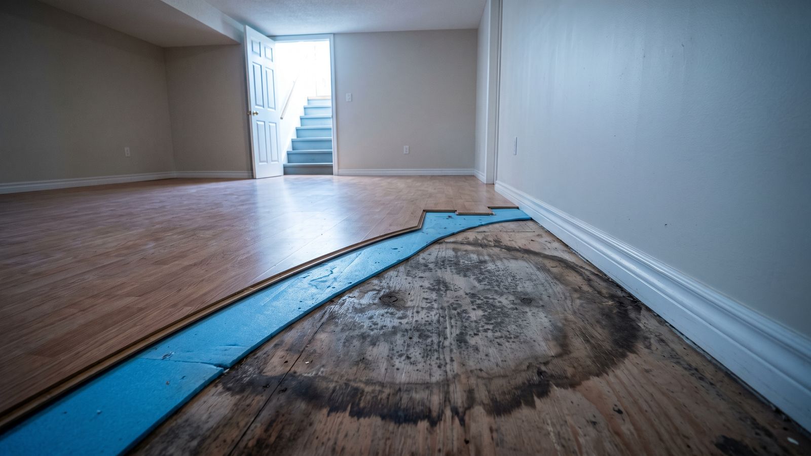 Black mold bloom on a plywood subfloor exposed where water under laminate flooring sat beneath the underlayment
