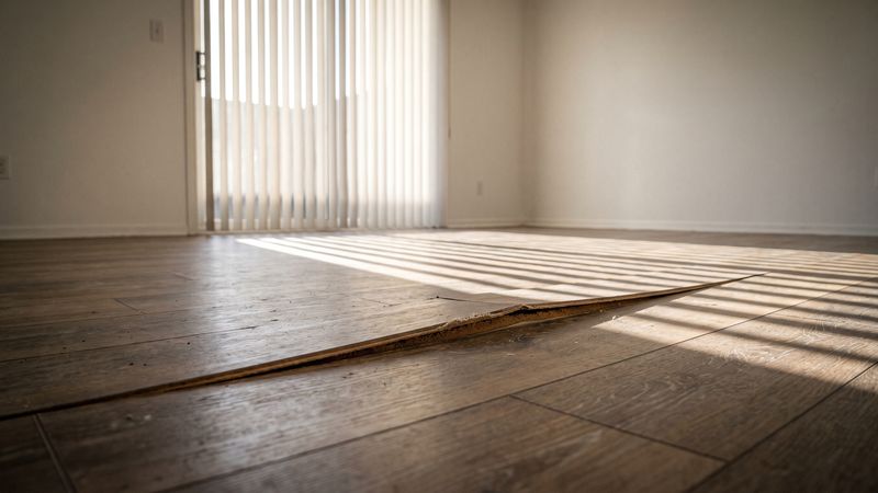 Peaked laminate seam with a swollen fiberboard core, the first visible sign of water under laminate flooring