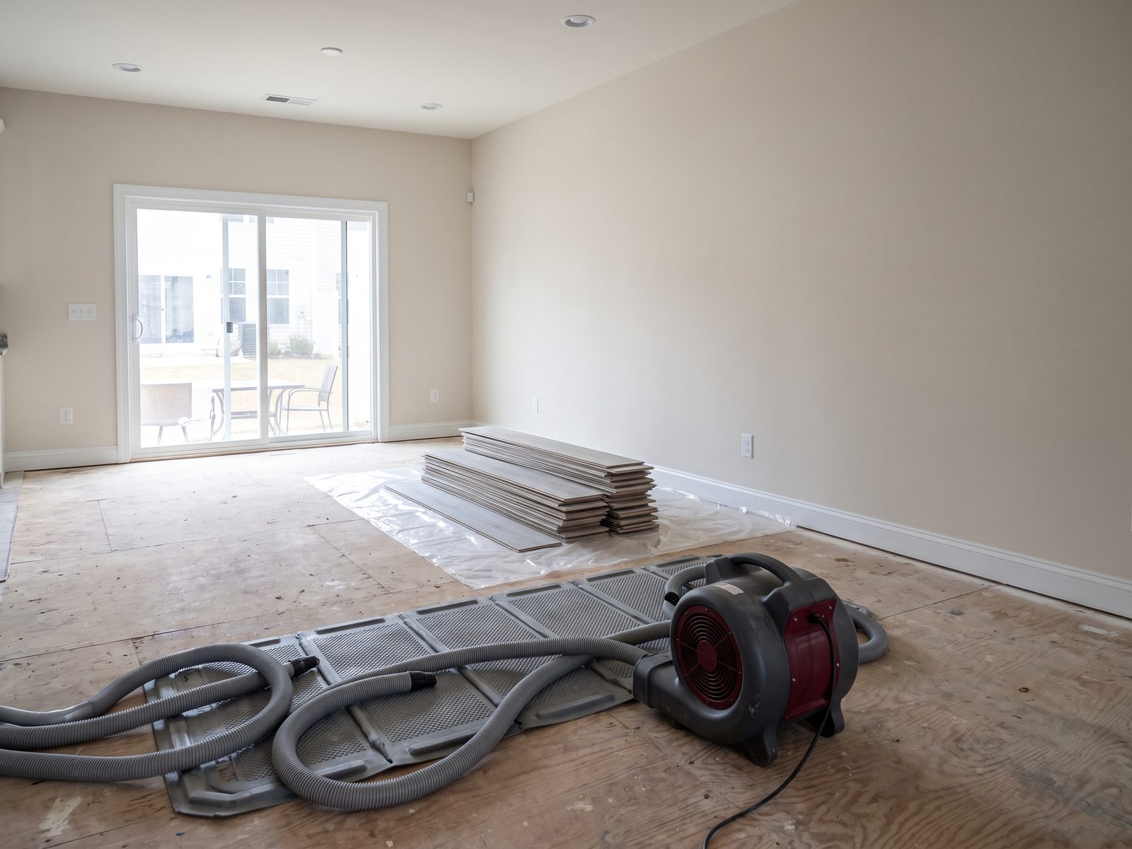 Stacked vinyl planks beside a subfloor drying system Lifted vinyl planks stacked on a protective sheet while a drying mat system sits on the exposed plywood subfloor.