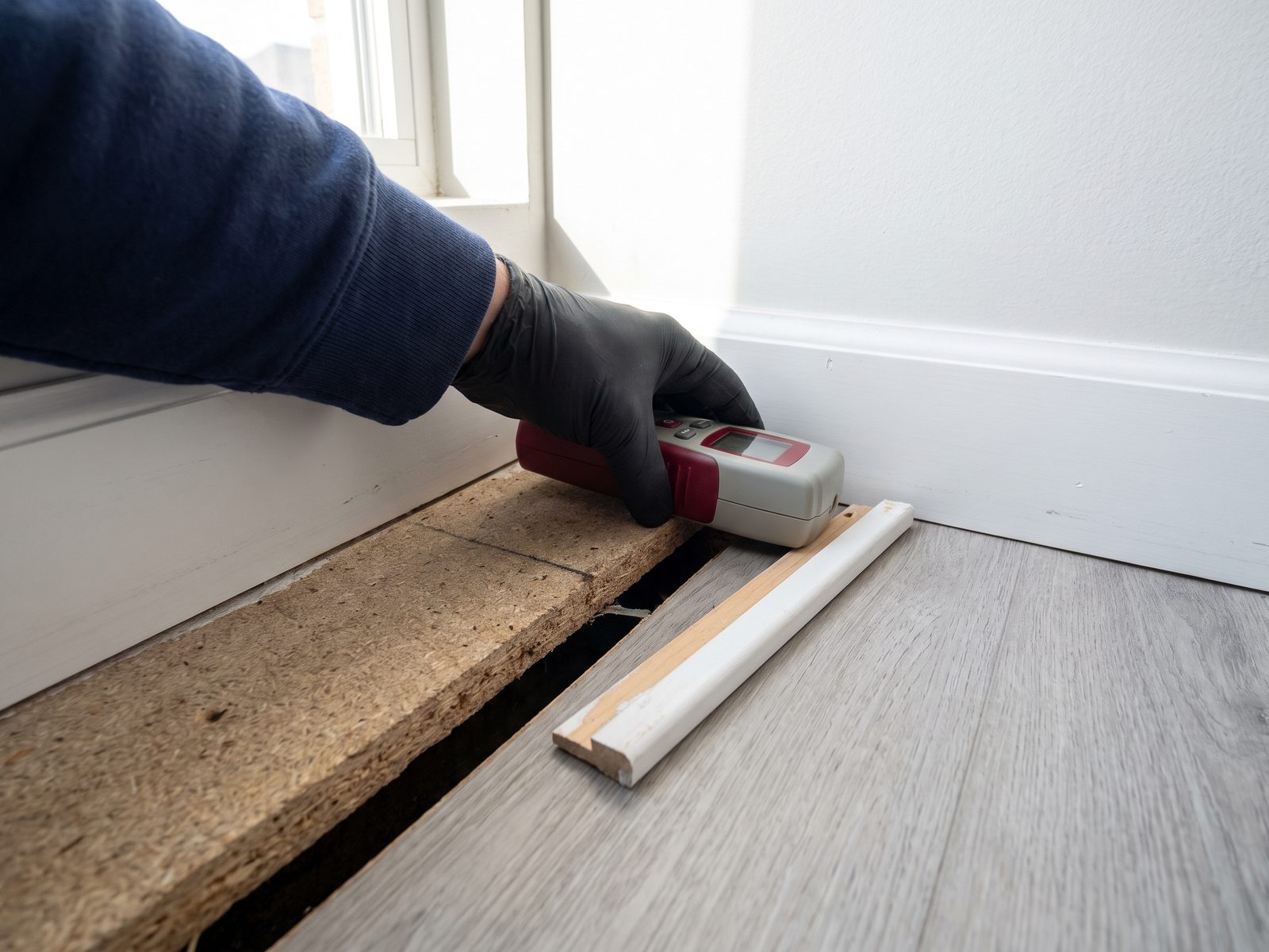 Reading the subfloor through the expansion gap Shoe molding pulled from a baseboard to expose the expansion gap at the wall, with a pinless moisture meter held against the subfloor edge.