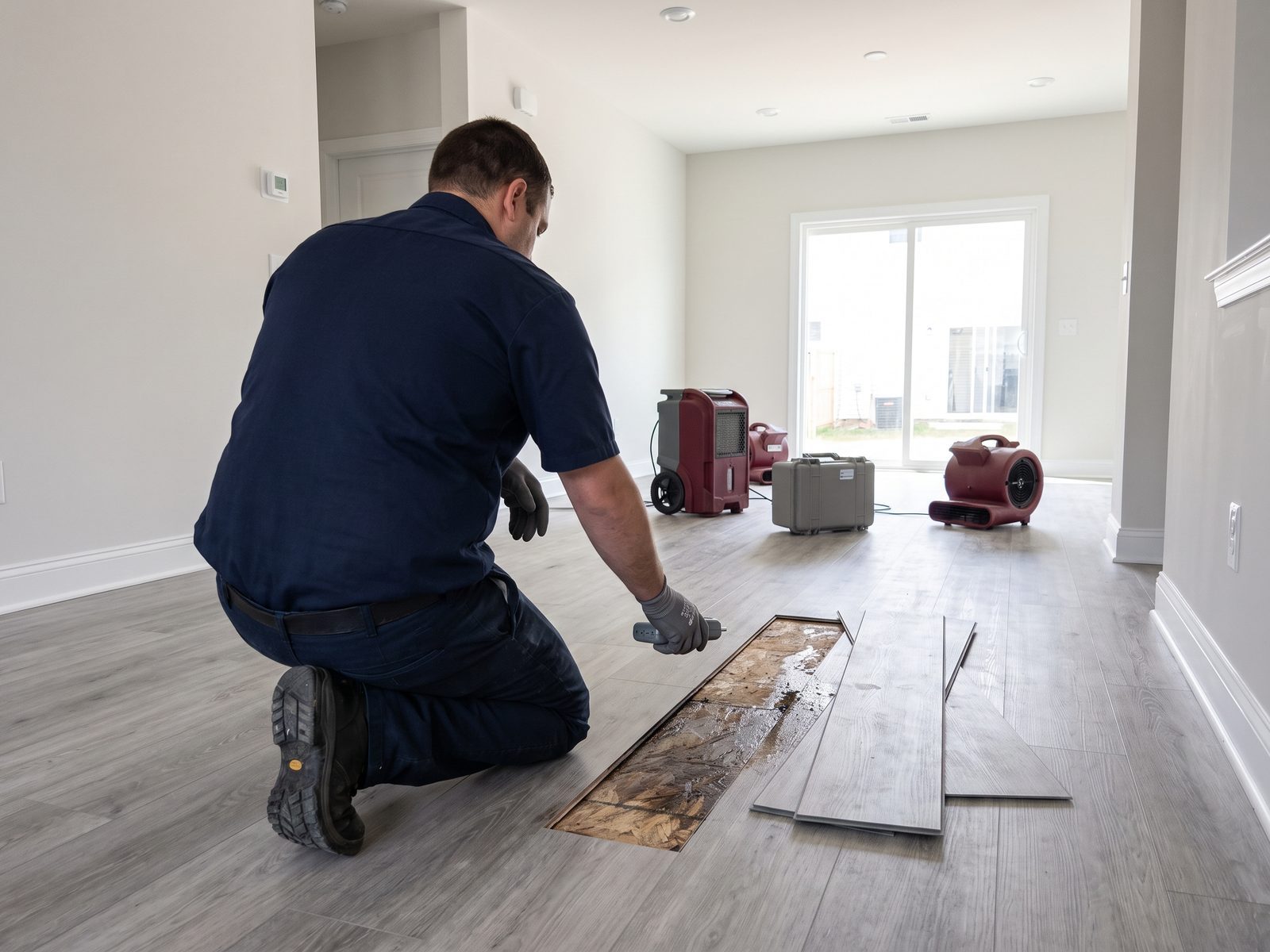 Section of grey vinyl plank lifted at a seam in a new townhouse to reveal a damp OSB subfloor beneath.
