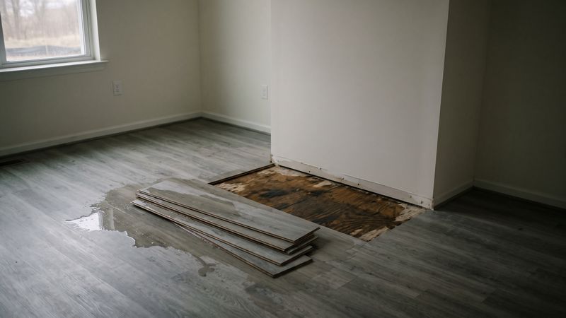 Vinyl plank flooring lifted at a wall to show water under it darkening the plywood subfloor, planks stacked nearby.