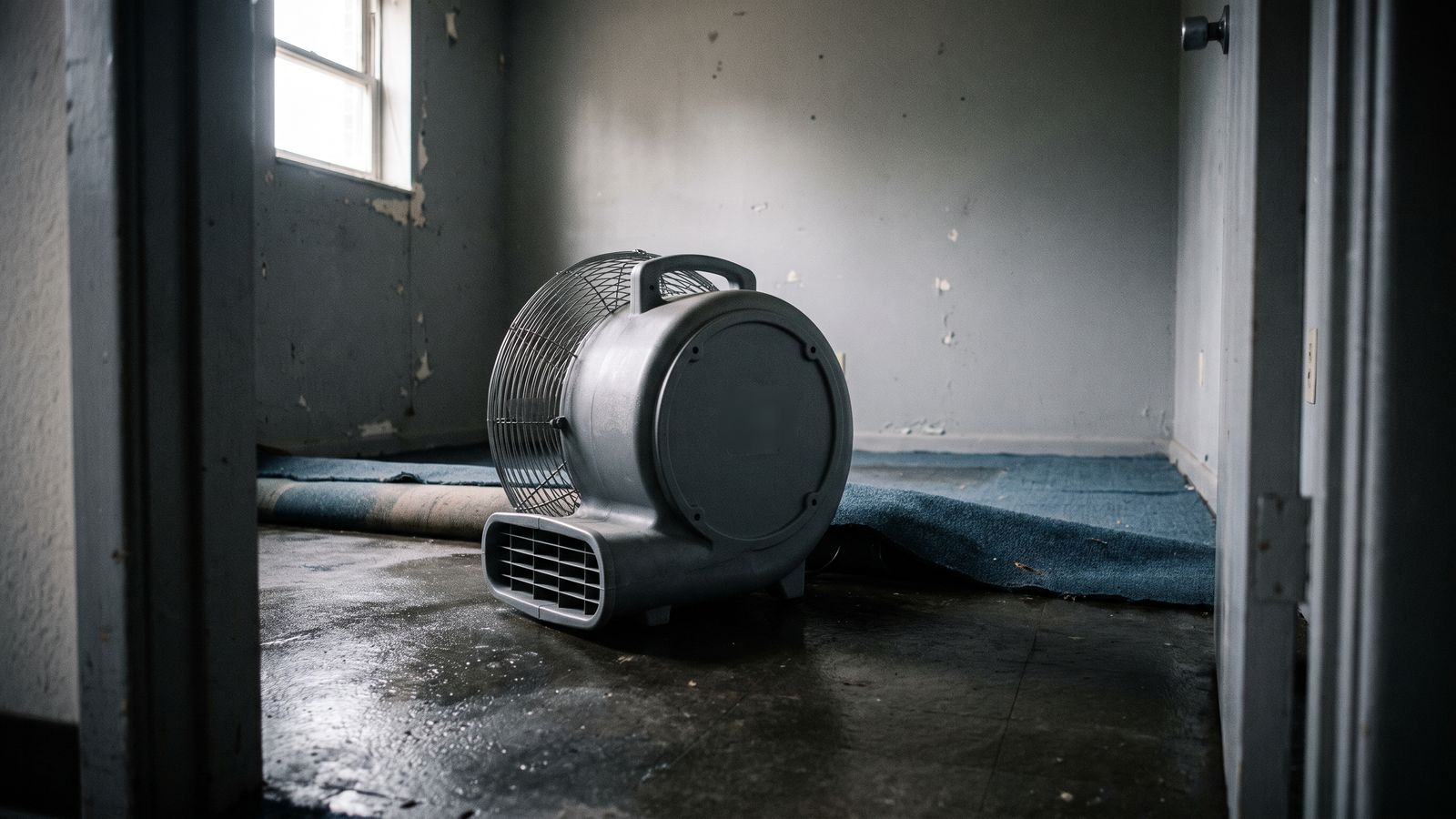 Gray air mover on a wet concrete slab next to carpet lifted off the floor for drying wet carpet