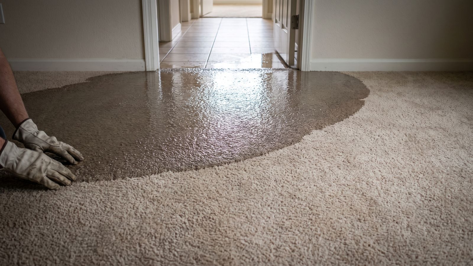 A gloved hand pressing into flooded carpet at the saturation edge where water has run in from a tiled hallway