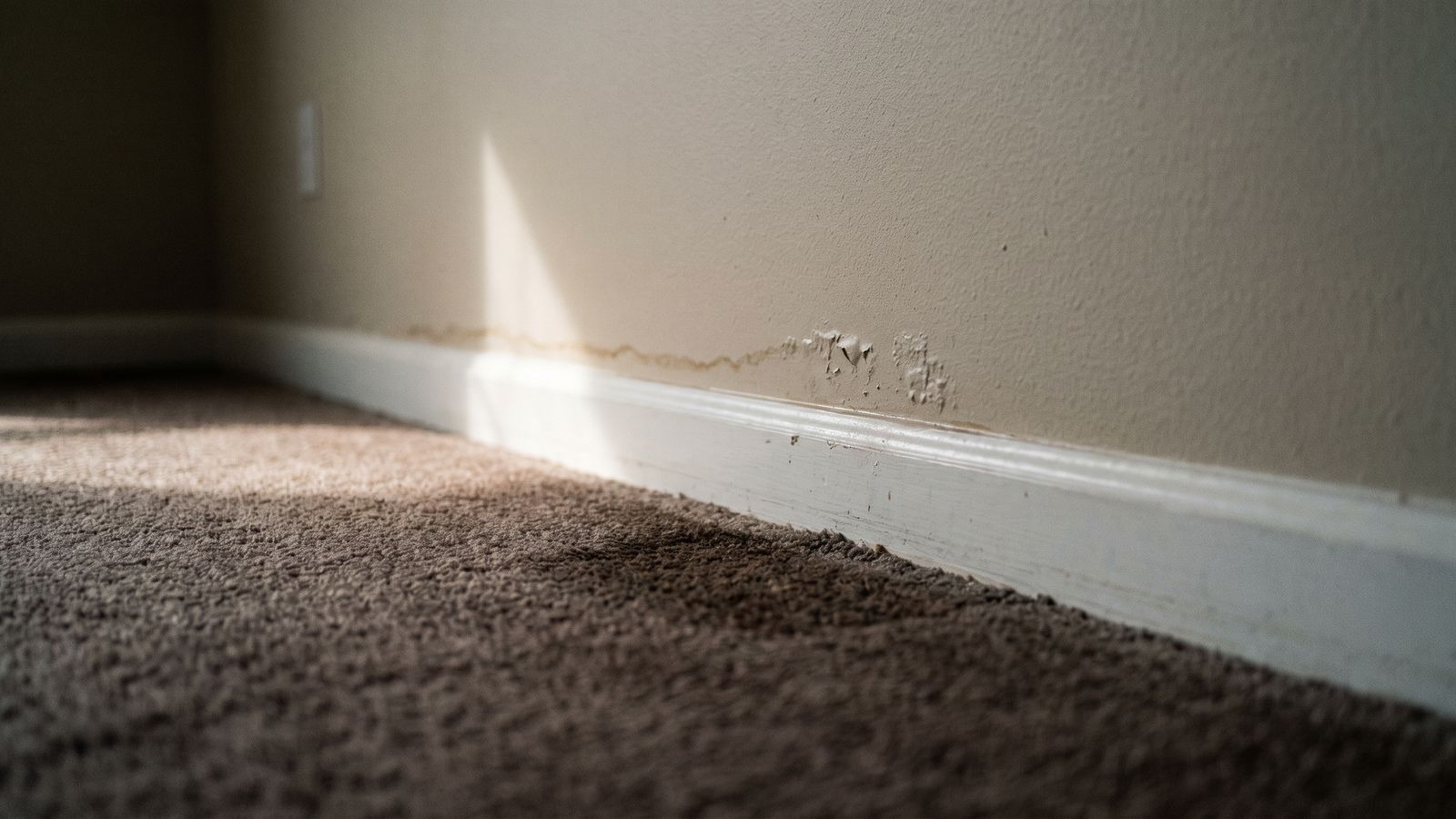 Brown tide line and blistered paint above a baseboard beside wall-to-wall carpet - water damaged carpet and drywall