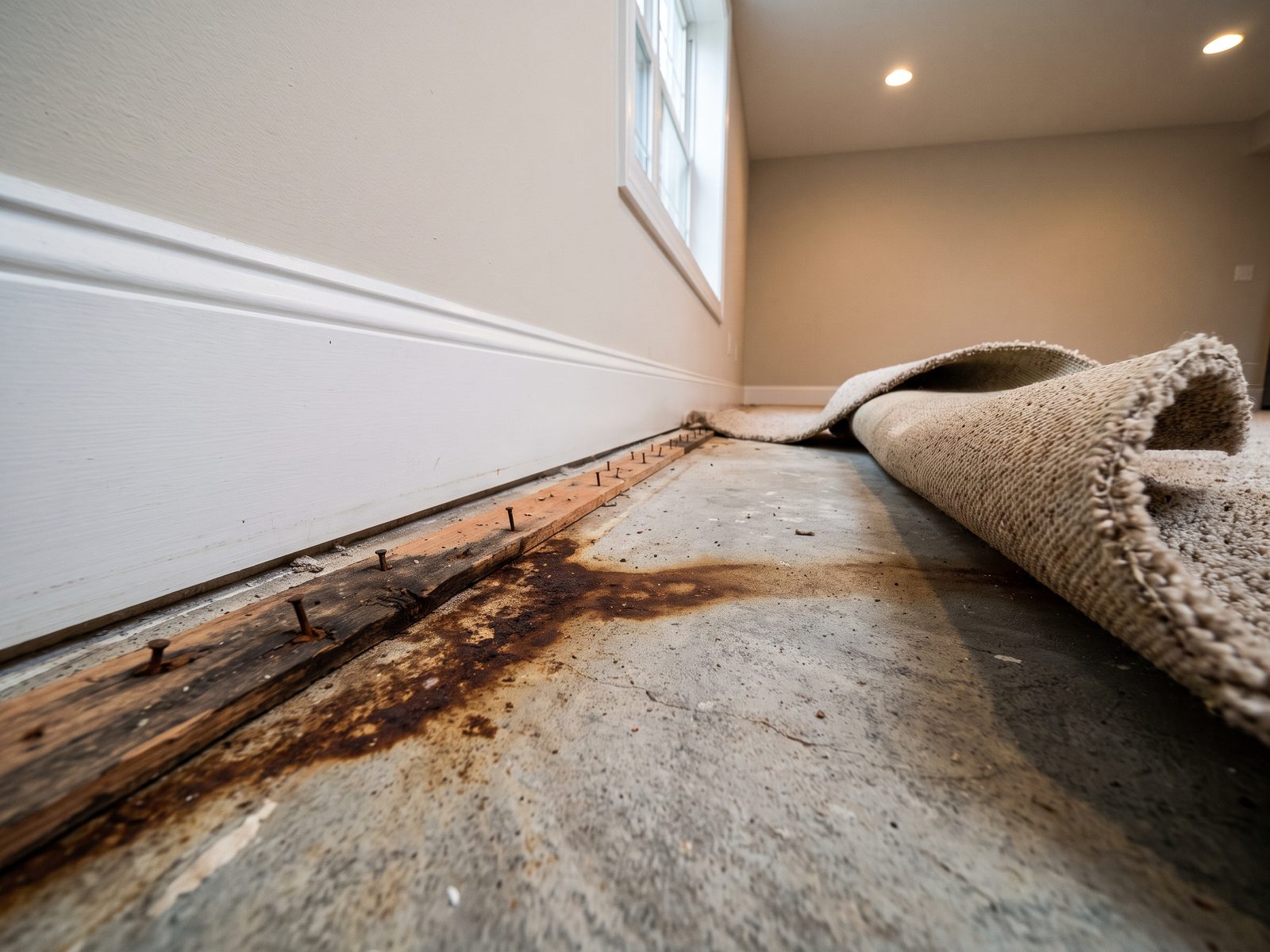 Rusted tack strip exposed under released carpet Carpet edge released from a rusted tack strip along a basement baseboard, with bare slab exposed beside it.