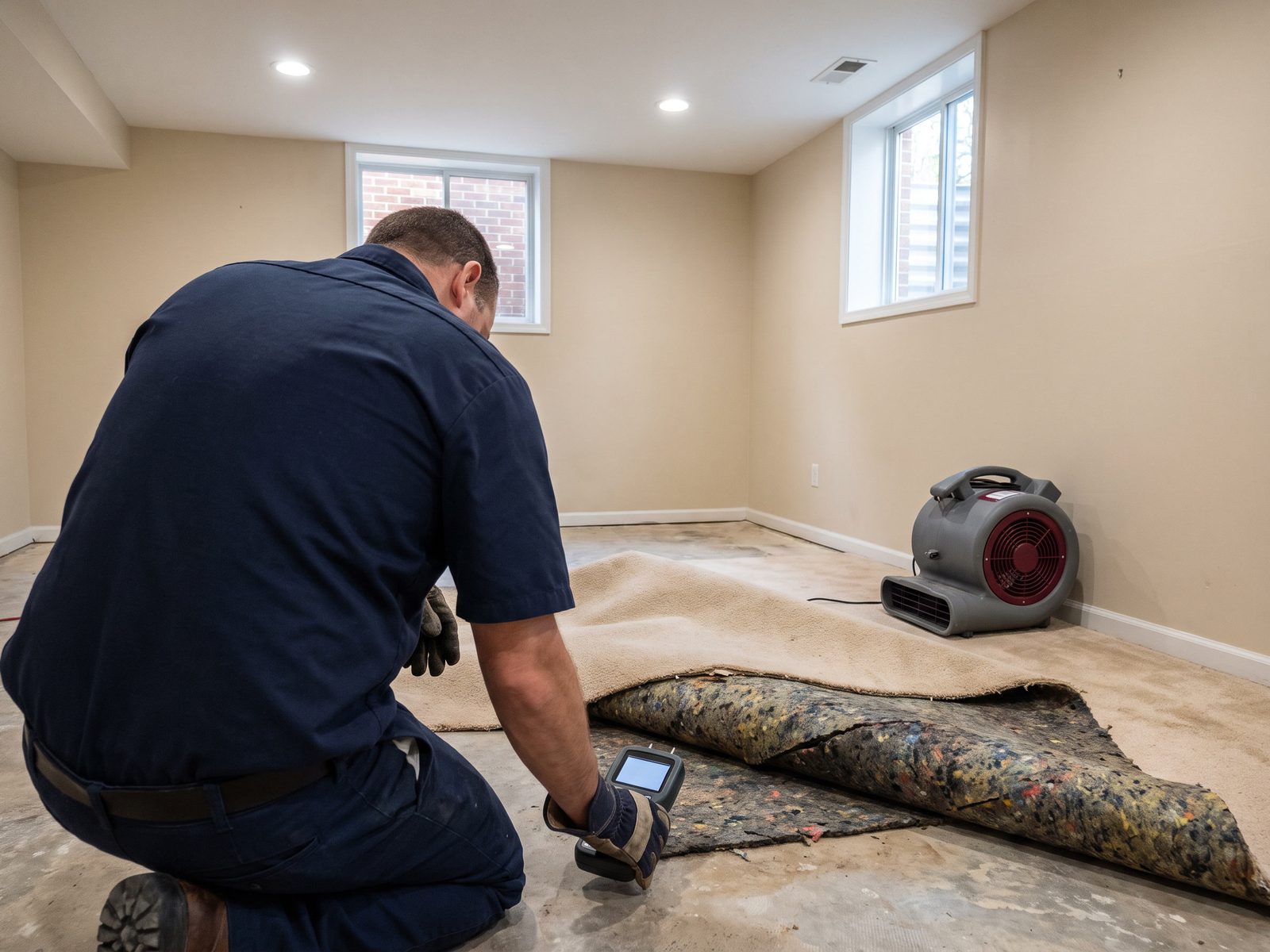 Wet carpet pad exposed beneath folded-back basement carpet Carpet folded back in a basement to expose darkened rebond padding on the concrete slab while a technician takes a reading.