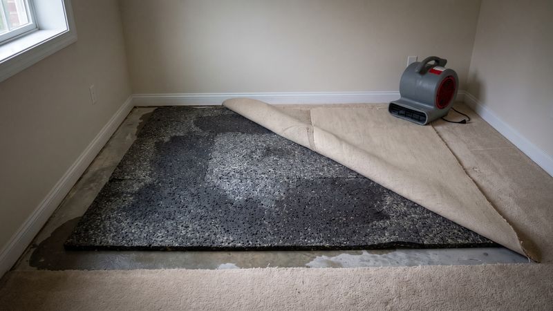 Wet carpet padding soaked almost black on a basement slab, exposed where the beige carpet is folded back.