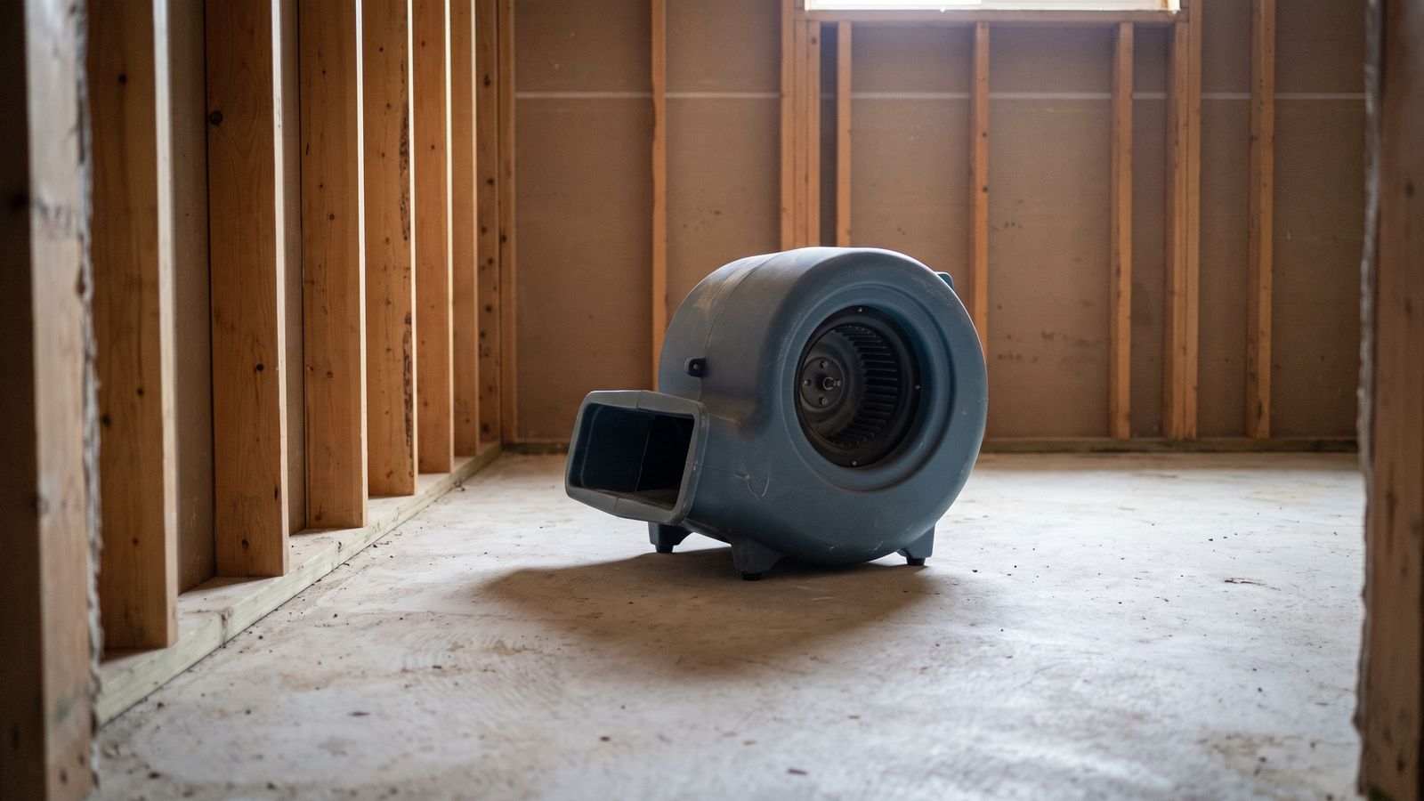 Centrifugal air mover on a bare basement slab beside open stud bays emptied of wet insulation and drywall