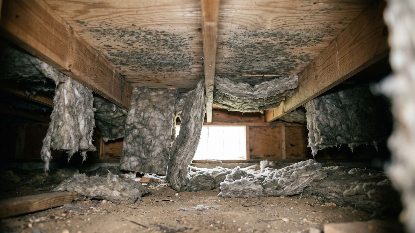 Sodden fiberglass batts hanging between crawl space joists below a mold-speckled subfloor, wet insulation left in place