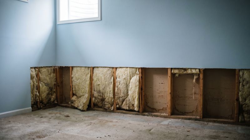 Water-stained fiberglass batts sagging in open stud bays behind a two-foot flood cut, wet insulation left after water damage