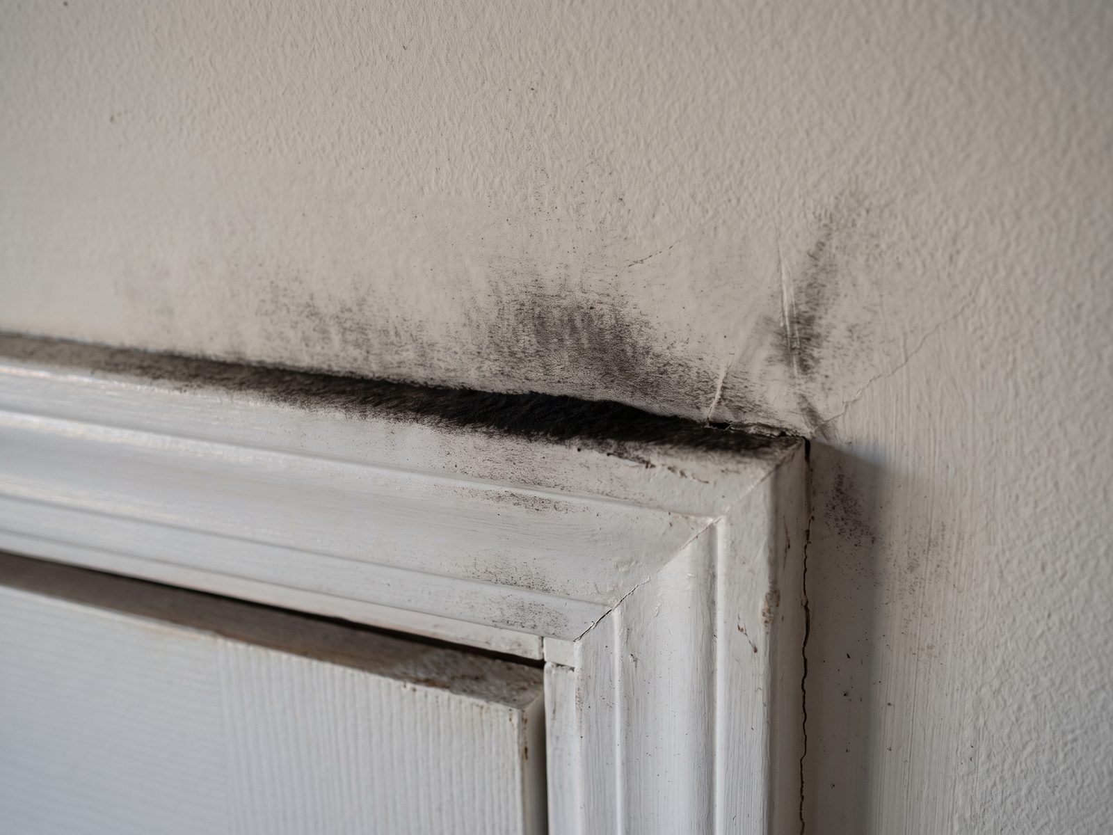 Fine powdery dark soot settled along the top edge of a white door casing and in the adjacent corner.