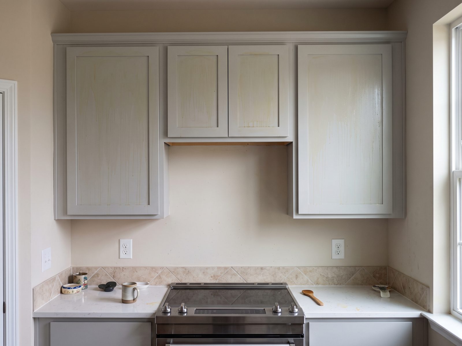 Kitchen cabinet fronts above a range carrying a thin yellowish film and faint drip pattern after a stovetop fire.