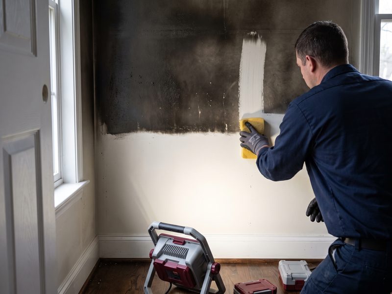 Painted interior wall showing a sharp line between clean paint and dark greasy smoke residue as a technician tests the surface.