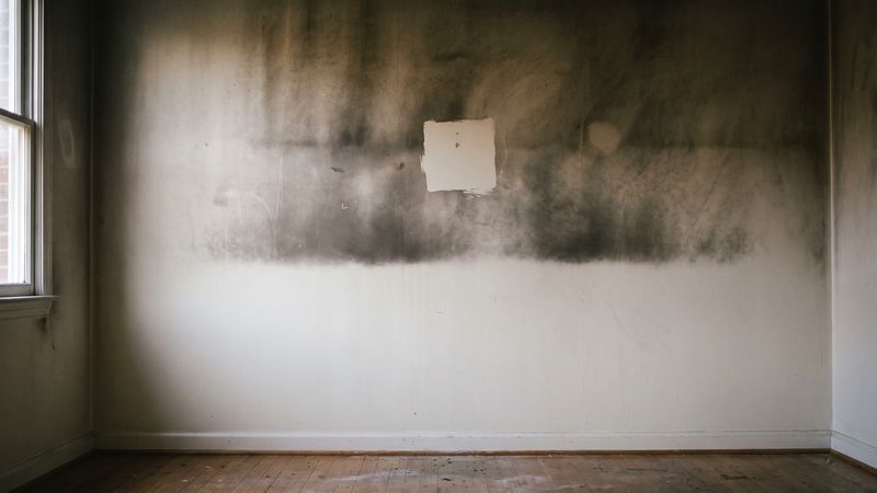 Dark smoke residue coating the upper wall of an empty room and stopping in a soft line, with one small square wiped clean.