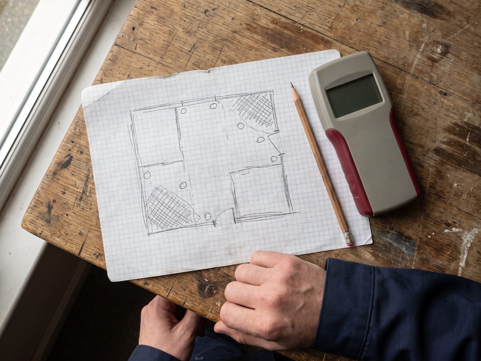 Hand-drawn moisture map with a pinless meter Hand-drawn moisture map on graph paper showing a room outline with hatched wet areas and marked reading points.