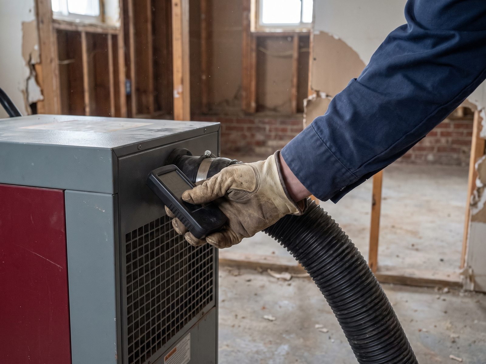 Reading the air going into the dehumidifier Gloved technician holding a thermo-hygrometer against the intake side of a dehumidifier in a stripped room being dried.