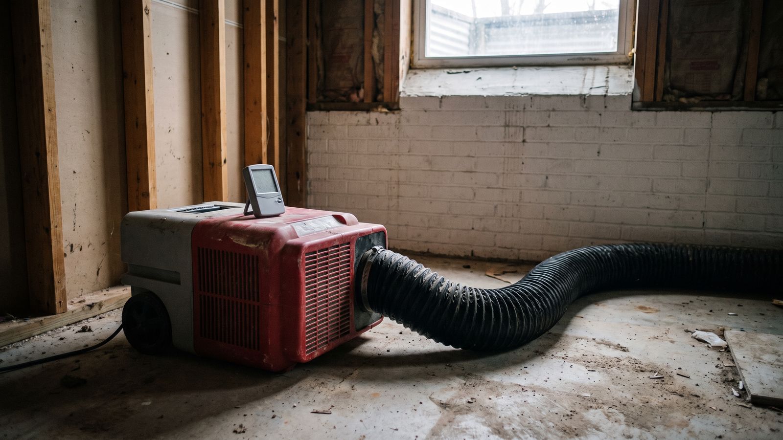 Handheld thermo-hygrometer on a dehumidifier, its outlet duct running across a stripped basement slab after water damage.
