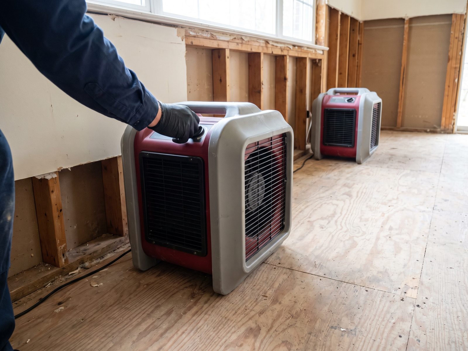Equipment placement photographed the day it goes in Air mover positioned at the base of a flood-cut wall in a room set up for drying, a second unit behind it.