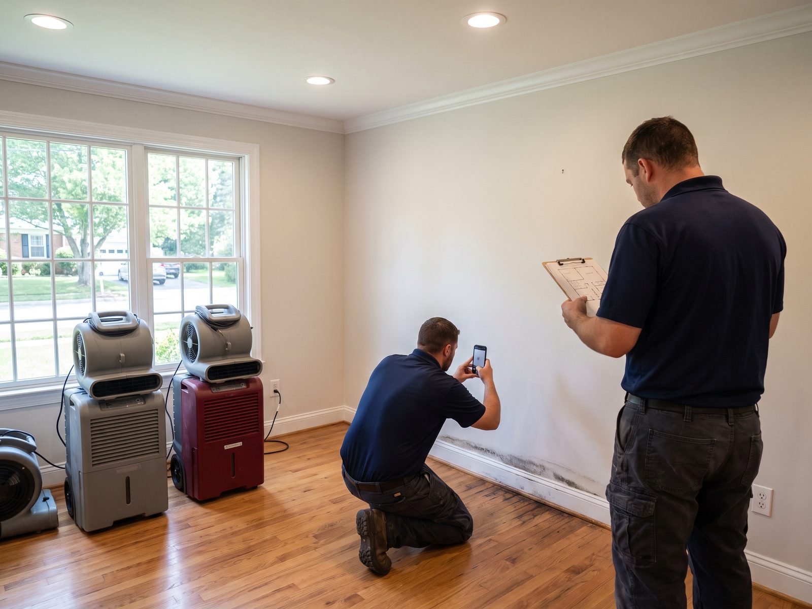 Documenting affected areas before drying begins Technician photographing a stained wall base while a colleague marks a floor plan on a clipboard in a room set up for drying.
