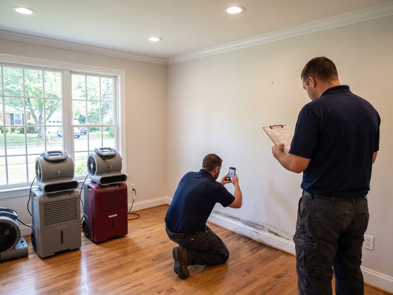 Technician photographing a stained wall base while a colleague marks a floor plan on a clipboard in a room set up for drying.