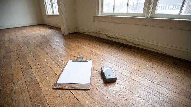 Clipboard holding a blank record sheet and a moisture meter on hardwood beside a water-damage stain along the wall base.