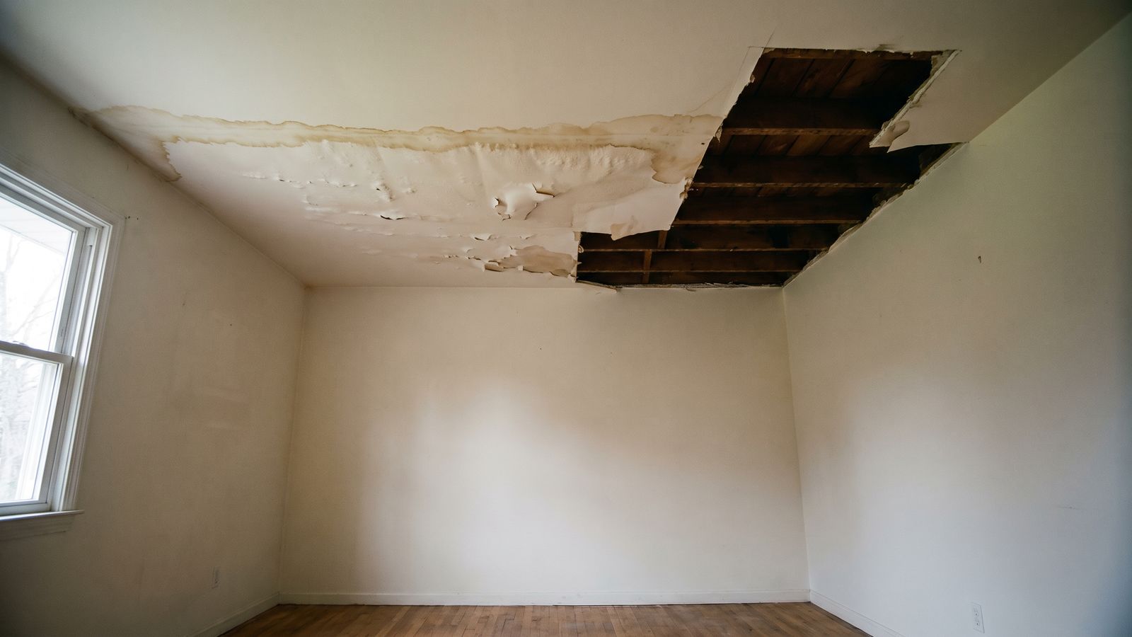 Water-stained ceiling cut open to expose bare joists Stained, peeling ceiling with a section cut open to bare joists at the start of water mitigation work