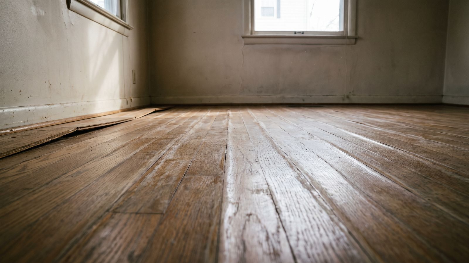 Cupped hardwood floorboards with raised, dulled edges Cupped hardwood floorboards with ridged edges and a dulled finish, typical water mitigation floor damage