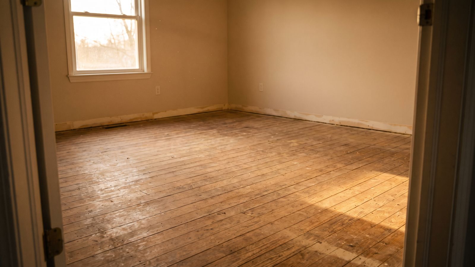Bare plank subfloor after carpet and pad removal Bare plank subfloor in an emptied room after carpet, pad and baseboard removal during water mitigation