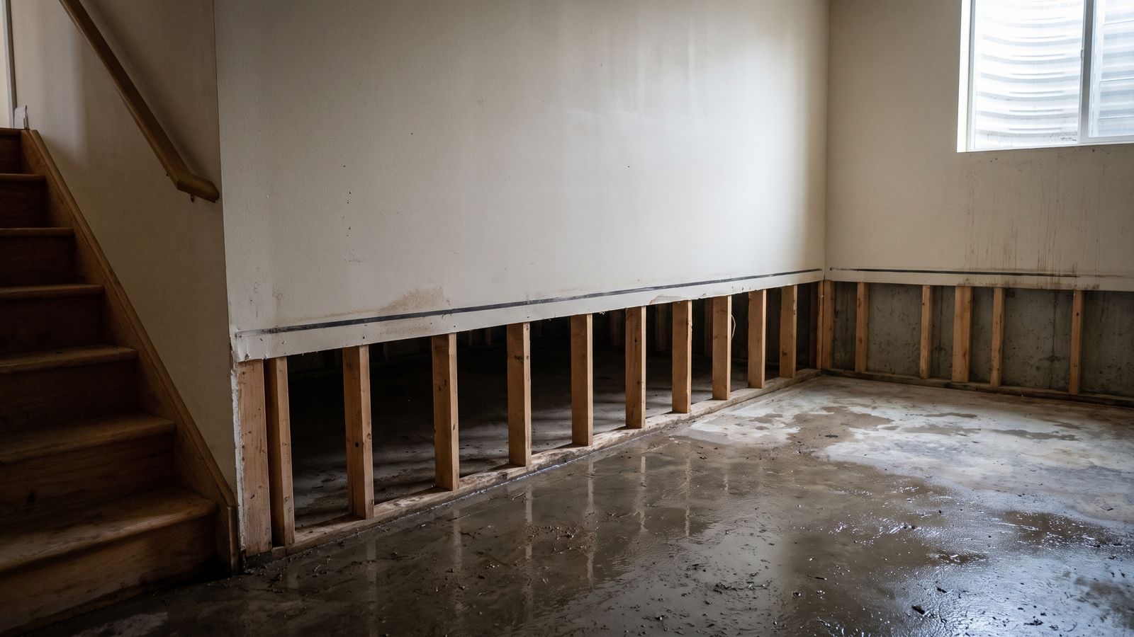 Flood cut in a finished basement wall above a wet slab Flood-cut drywall above bare studs and a wet concrete slab in a finished basement during water mitigation
