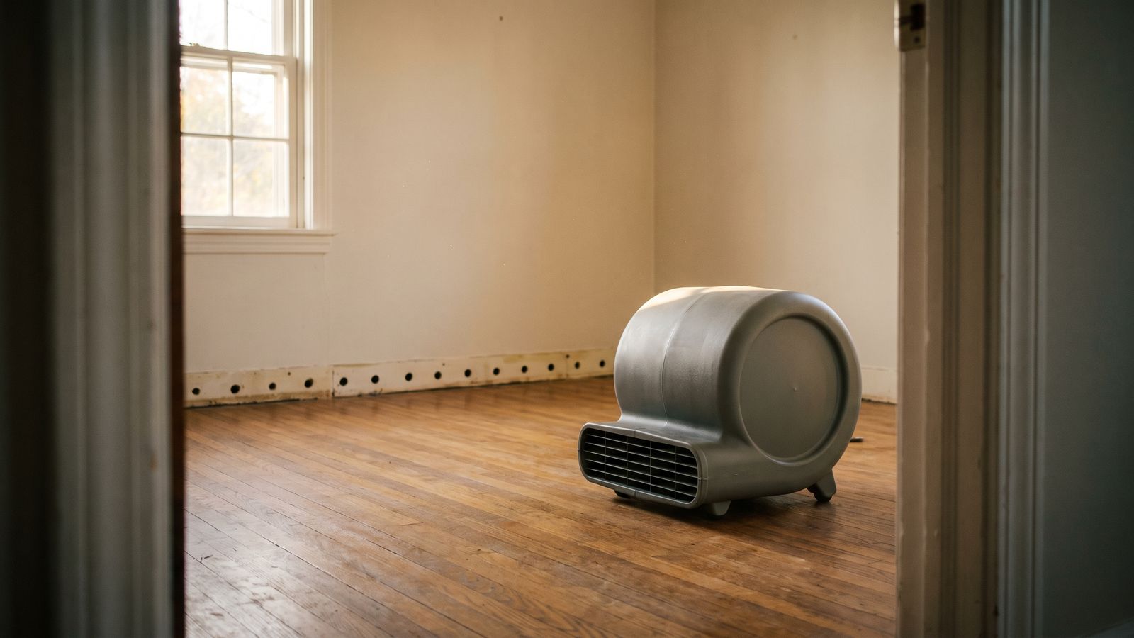 Centrifugal air mover on a hardwood floor by a wall with drilled weep holes for IICRC S500 standard drying