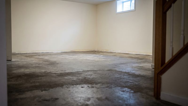 Bare damp concrete slab in an emptied finished basement with the carpet gone, where IICRC S500 standard drying begins