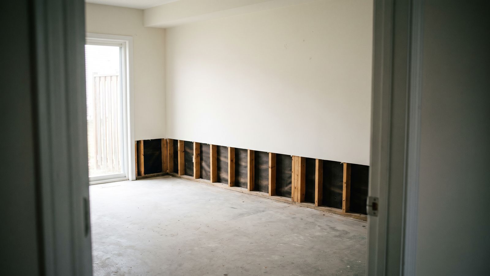 Straight flood cut along a lower wall exposing bare studs, the kind of material removal the IICRC S500 standard guides