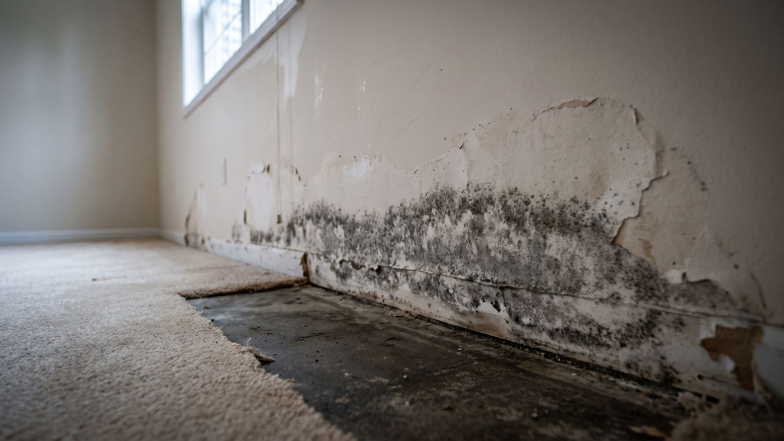 Gray-black mold at a wall base with blistered paint and carpet pulled back, the outcome IICRC S500 standard drying avoids