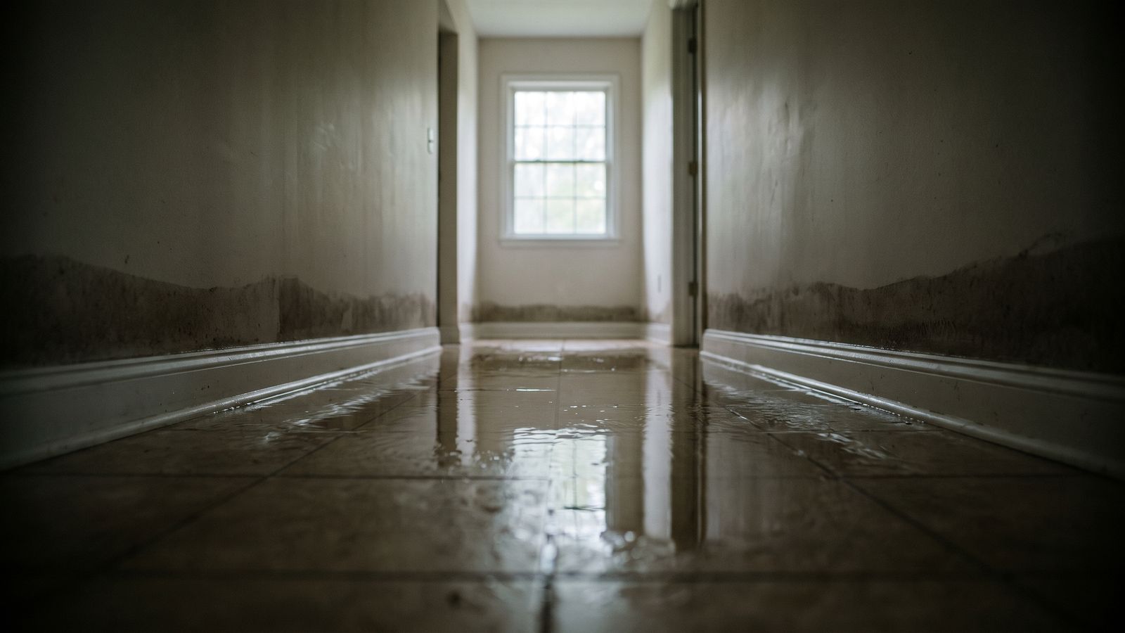 Standing water on a hallway floor with a wet band wicked up the drywall, a class of loss under the IICRC S500 standard