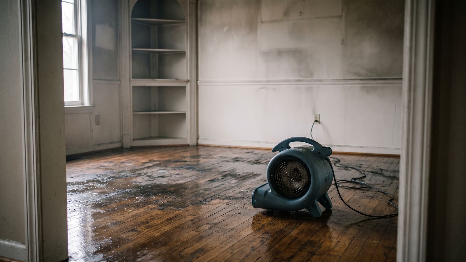 Blue-grey centrifugal air mover drying a wet, soot-streaked wood floor after a house fire