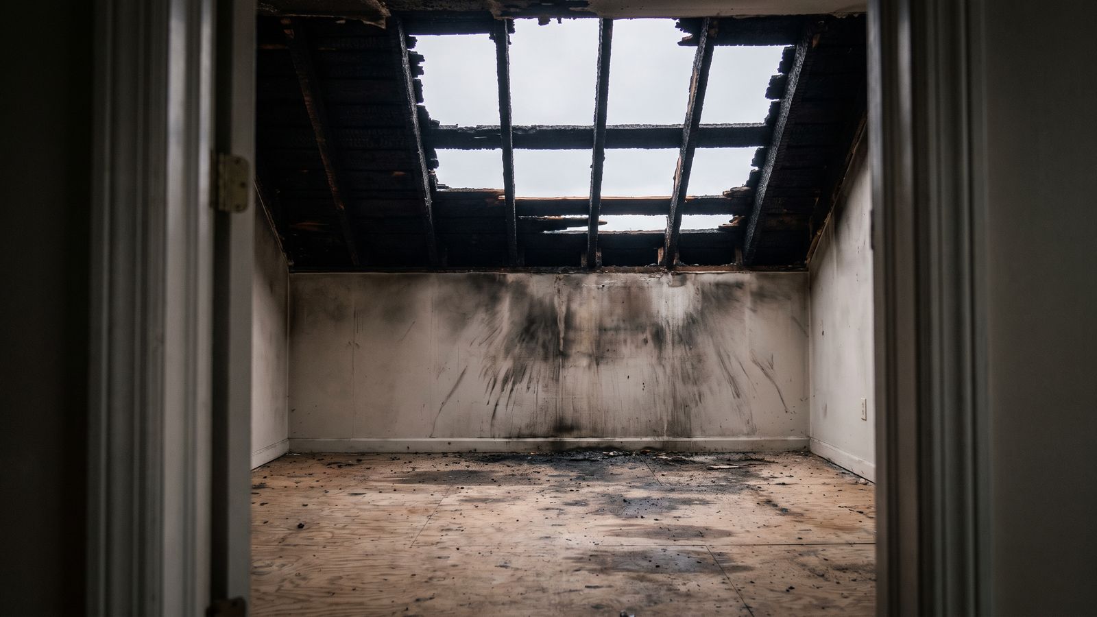 Charred ceiling joists burned through to open sky above a soot-streaked wall after a house fire
