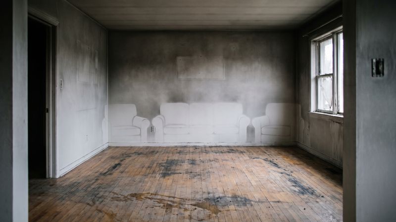 Soot-hazed living room wall with pale ghost outlines where a sofa and chairs stood after a house fire