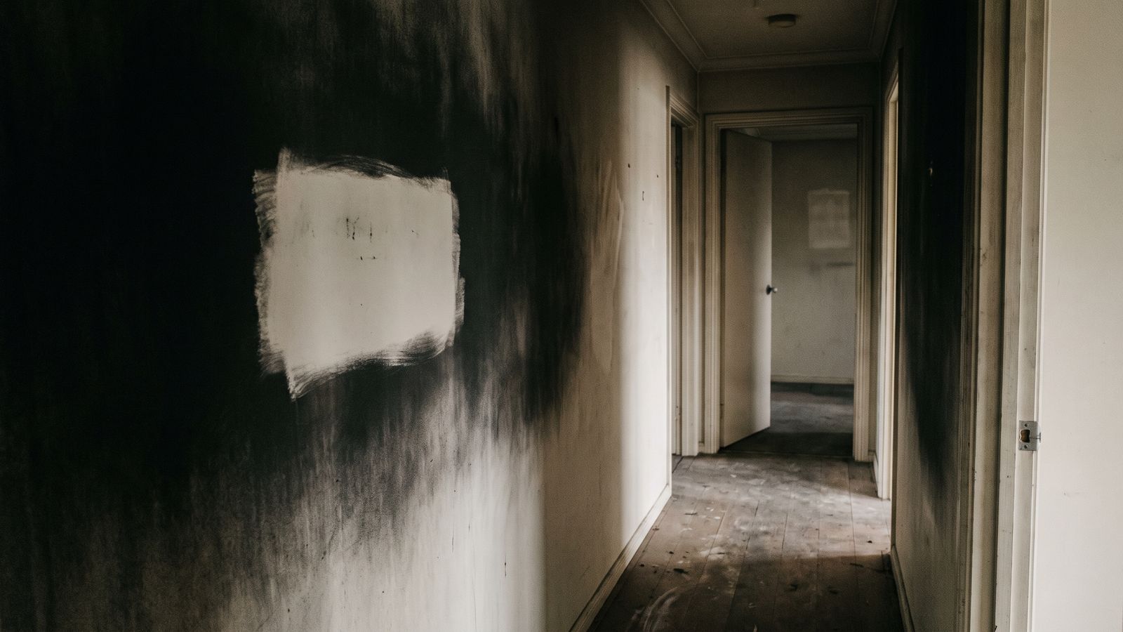 Clean test patch wiped through dense black soot on a hallway wall after a house fire