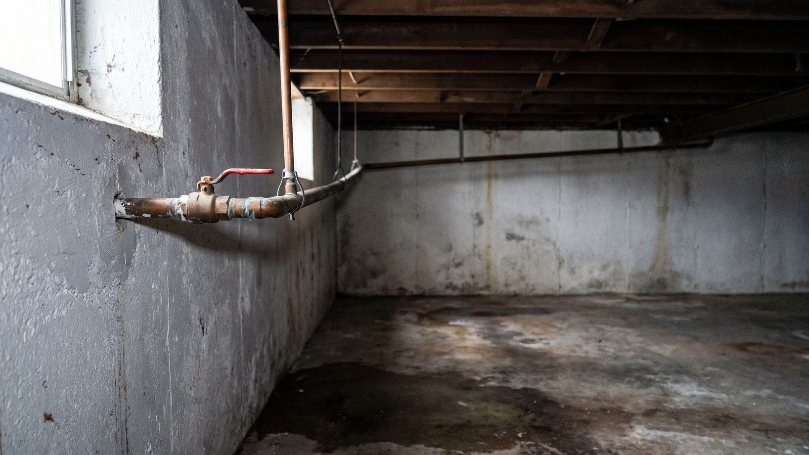 Red-handled main water shut-off valve on a copper line in a basement, the first move in what to do after water damage