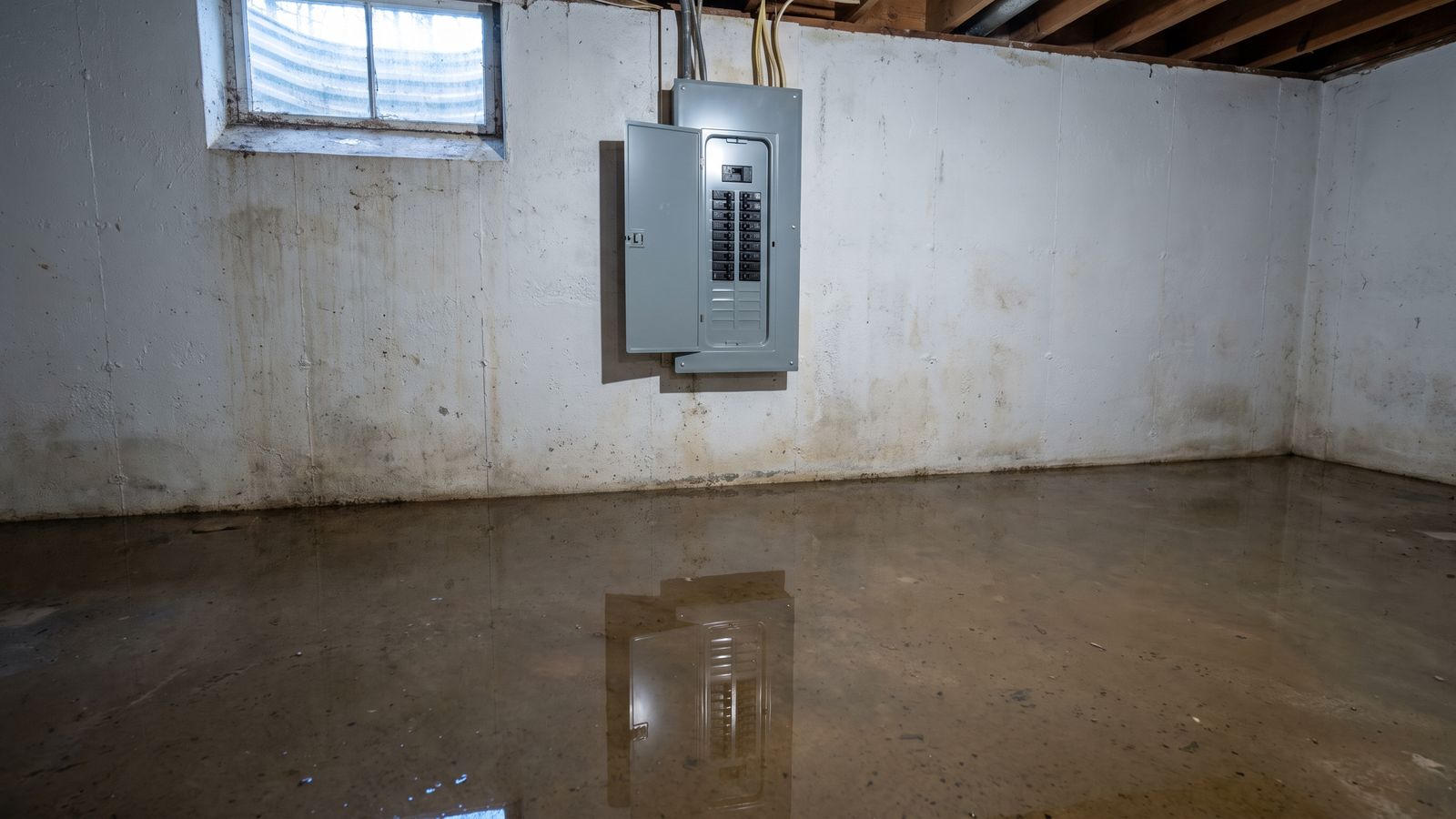 Open breaker panel on a basement wall above a flooded slab, the hazard that shapes what to do after water damage
