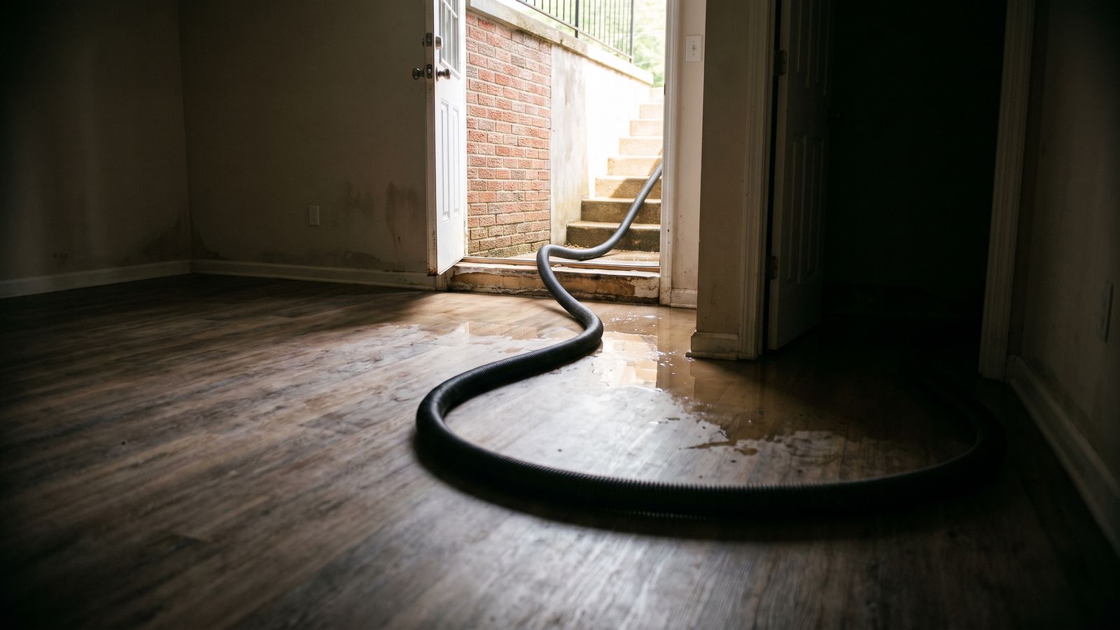 Extraction hose run in through a basement door, the crew stage of what to do after water damage