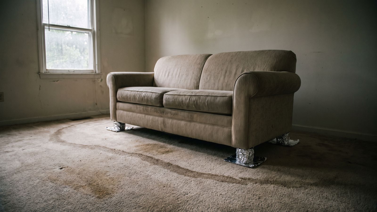 Sofa legs lifted onto foil squares above damp carpet, part of what to do after water damage while you wait
