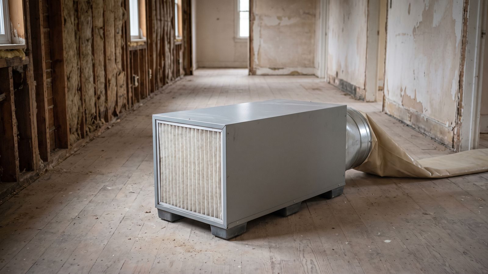 Air filtration unit on skids in a hallway stripped to studs, the gear behind when to call a mold professional.