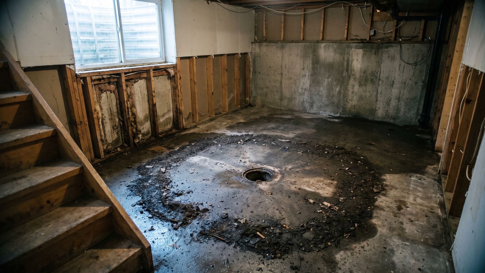 Open floor drain ringed with dark silt in a stripped basement, one override on when to call a mold professional.